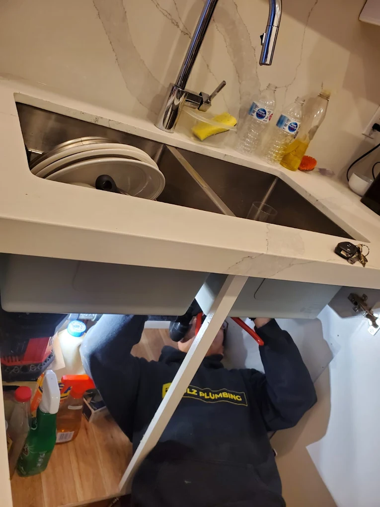 JLZ Plumbing technician repairing a kitchen sink